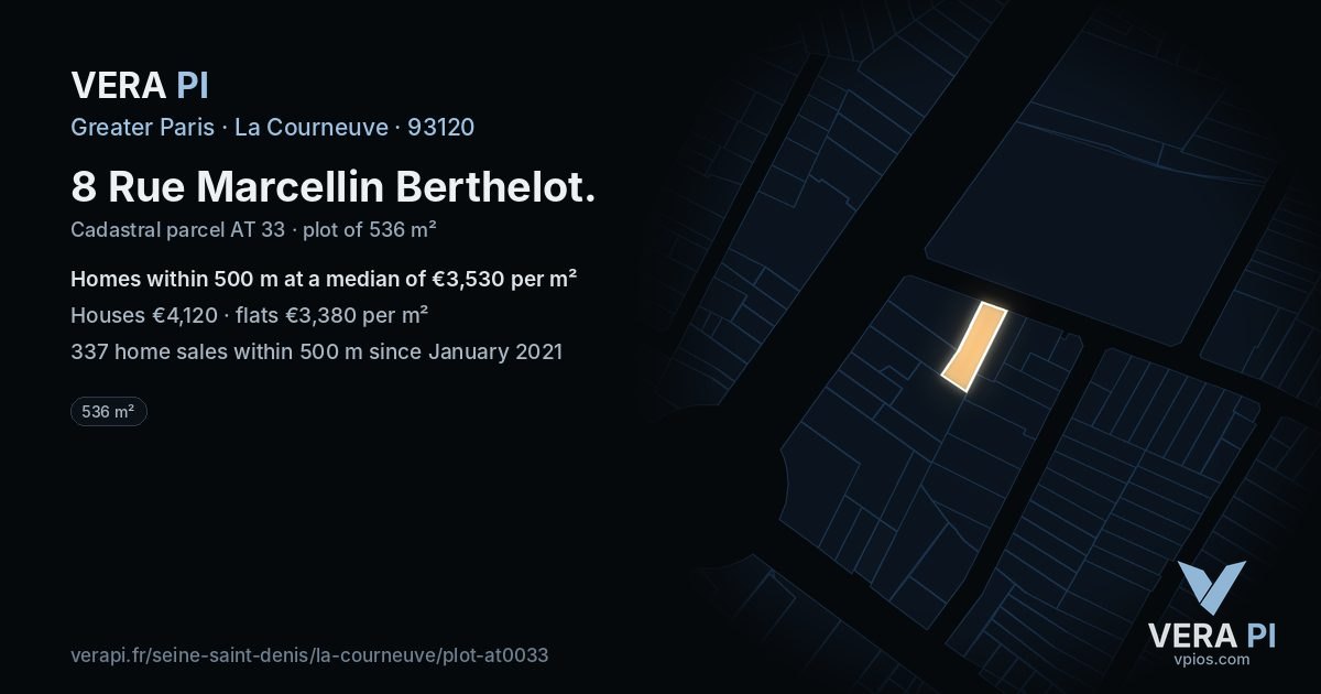 8 Rue Marcellin Berthelot, La Courneuve at night – the plot lit, the parcels around coloured by the prices near them