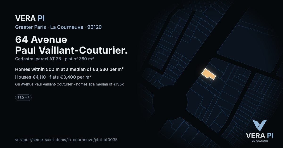 64 Avenue Paul Vaillant-Couturier, La Courneuve at night – the plot lit, the parcels around coloured by the prices near them