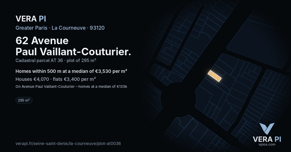 62 Avenue Paul Vaillant-Couturier, La Courneuve at night – the plot lit, the parcels around coloured by the prices near them