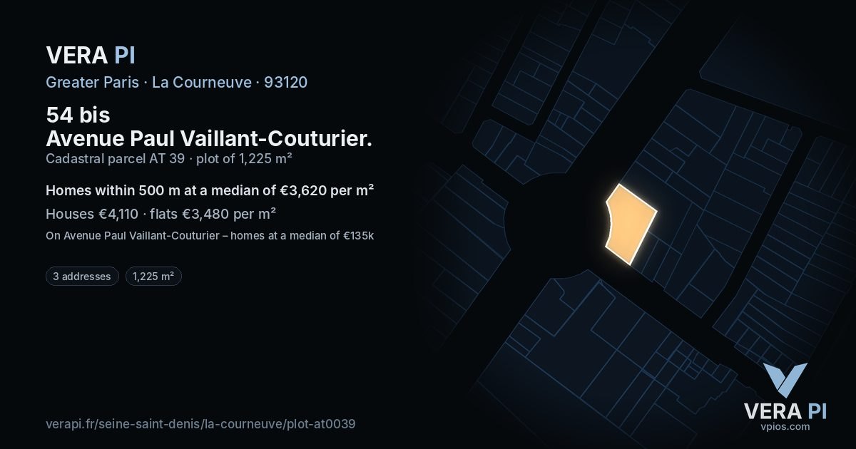 54 bis Avenue Paul Vaillant-Couturier, La Courneuve at night – the plot lit, the parcels around coloured by the prices near them
