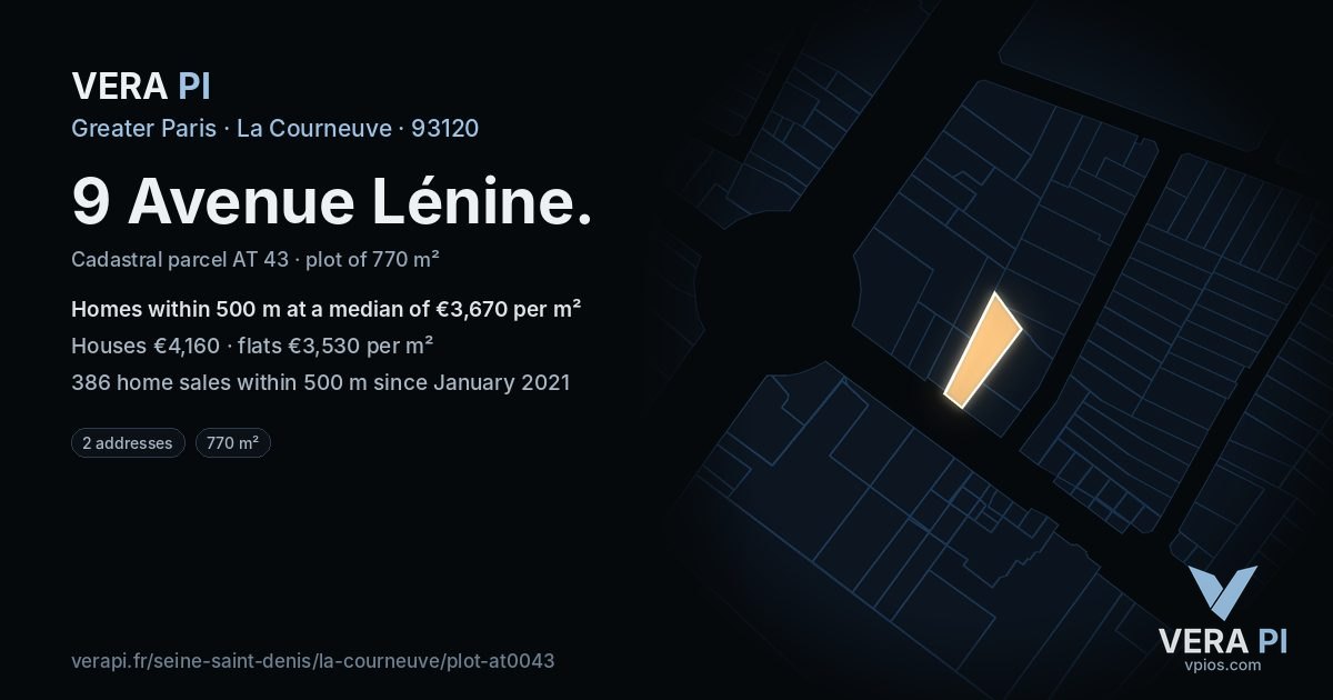 9 Avenue Lénine, La Courneuve at night – the plot lit, the parcels around coloured by the prices near them
