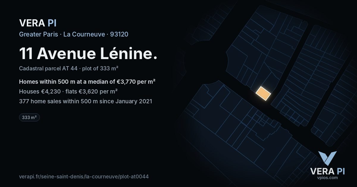 11 Avenue Lénine, La Courneuve at night – the plot lit, the parcels around coloured by the prices near them