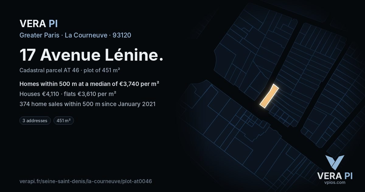 17 Avenue Lénine, La Courneuve at night – the plot lit, the parcels around coloured by the prices near them