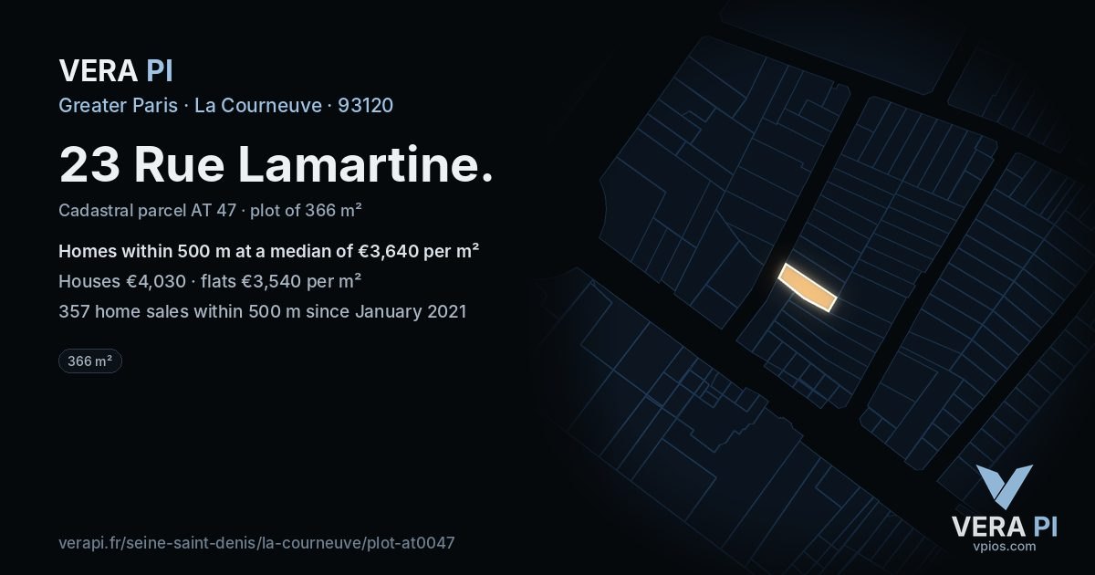 23 Rue Lamartine, La Courneuve at night – the plot lit, the parcels around coloured by the prices near them