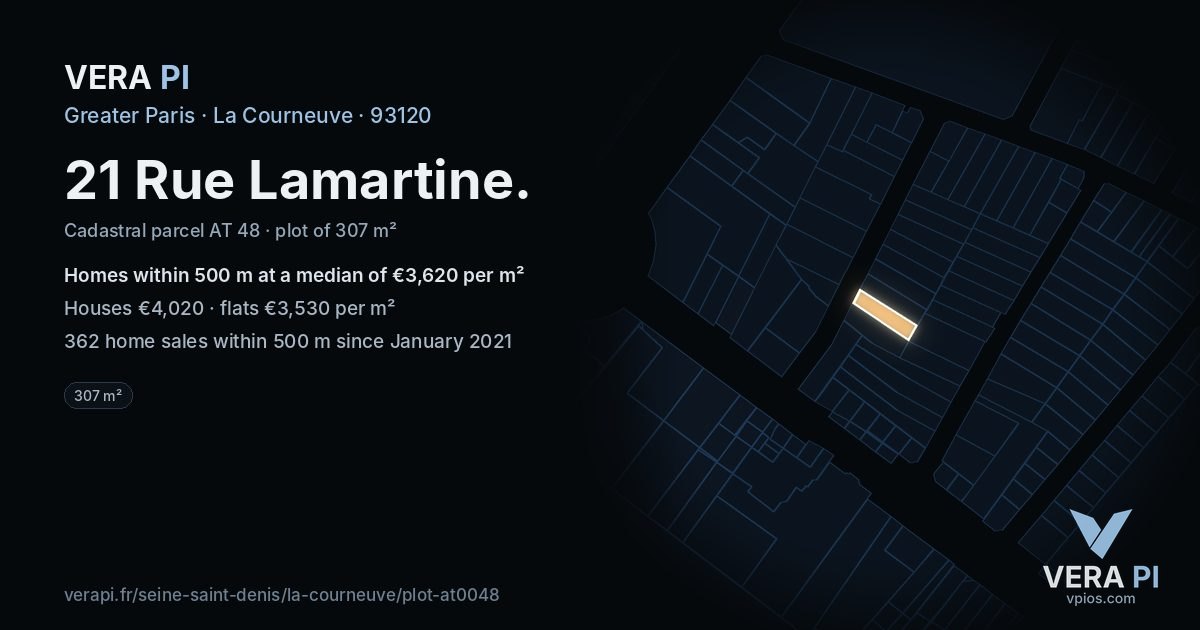 21 Rue Lamartine, La Courneuve at night – the plot lit, the parcels around coloured by the prices near them