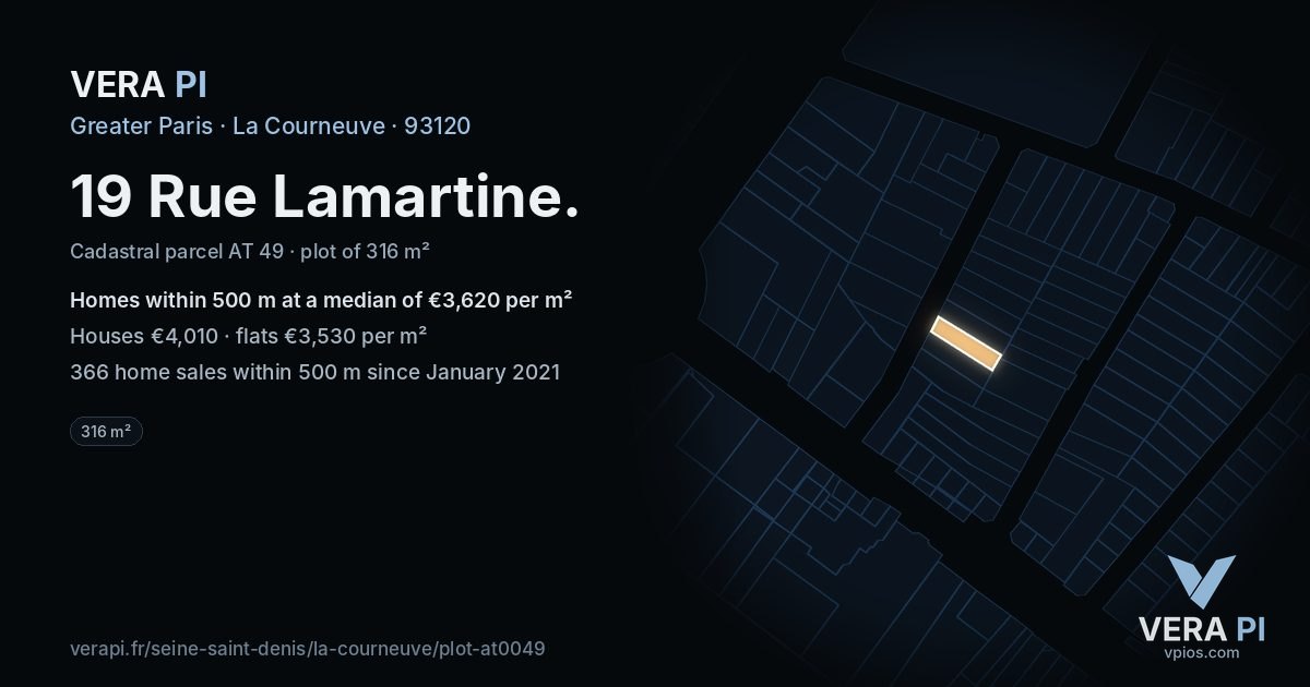 19 Rue Lamartine, La Courneuve at night – the plot lit, the parcels around coloured by the prices near them