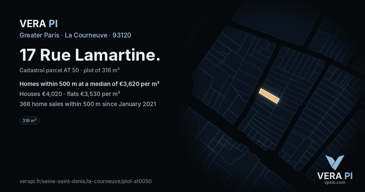 17 Rue Lamartine, La Courneuve at night – the plot lit, the parcels around coloured by the prices near them