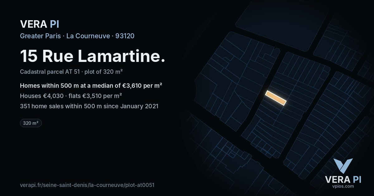 15 Rue Lamartine, La Courneuve at night – the plot lit, the parcels around coloured by the prices near them