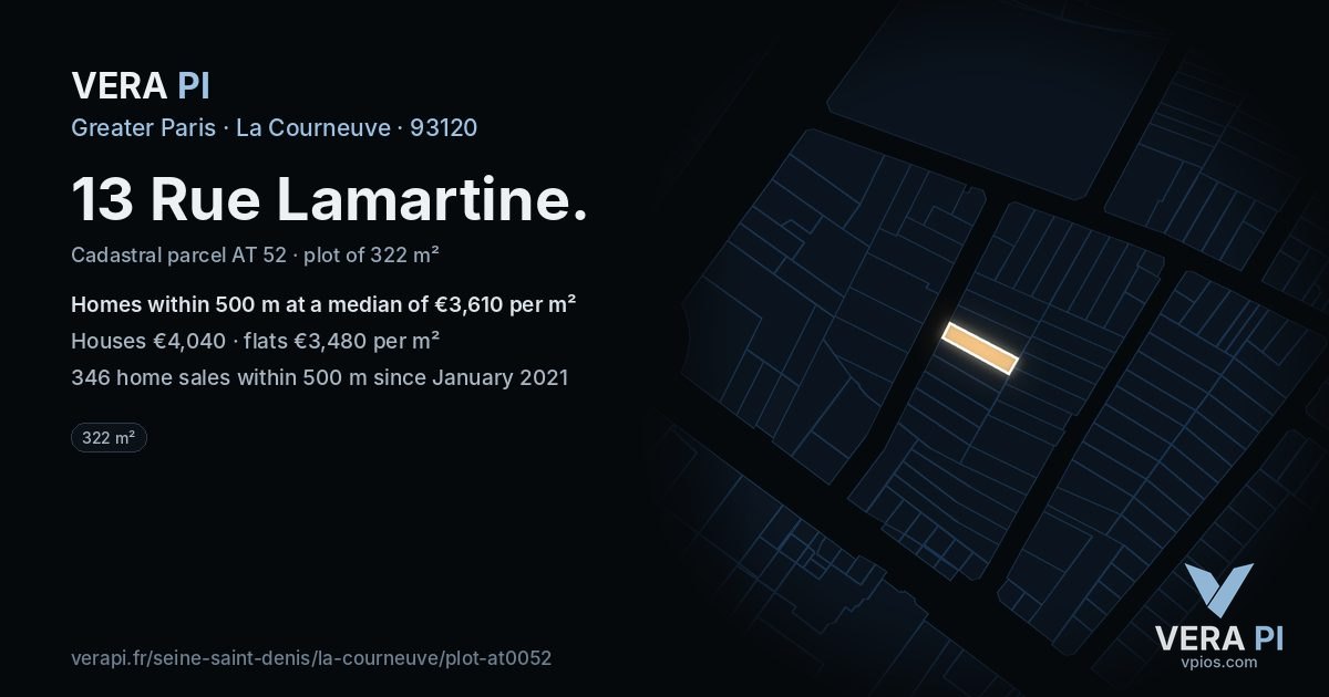 13 Rue Lamartine, La Courneuve at night – the plot lit, the parcels around coloured by the prices near them