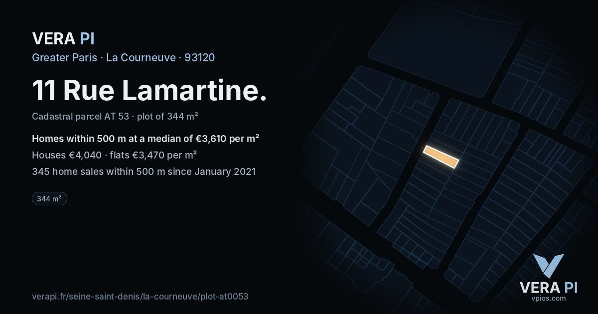 11 Rue Lamartine, La Courneuve at night – the plot lit, the parcels around coloured by the prices near them