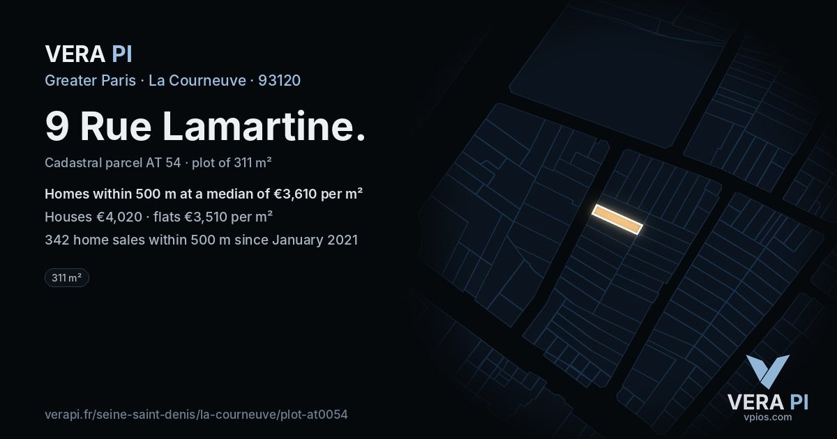 9 Rue Lamartine, La Courneuve at night – the plot lit, the parcels around coloured by the prices near them