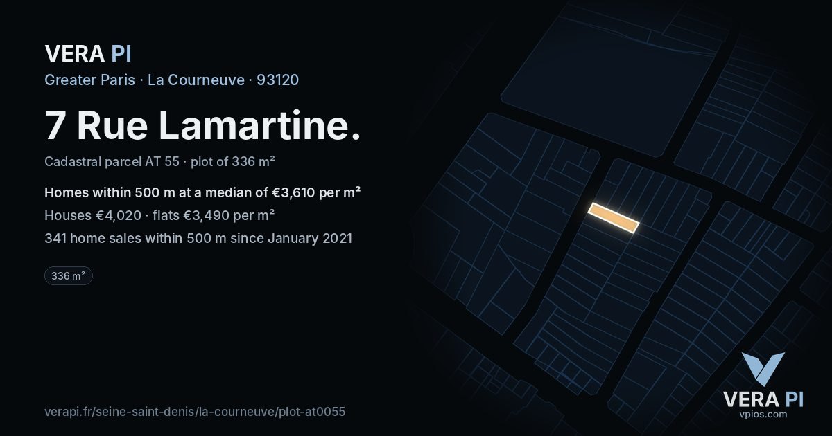 7 Rue Lamartine, La Courneuve at night – the plot lit, the parcels around coloured by the prices near them
