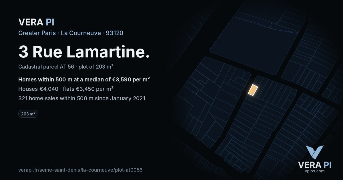 3 Rue Lamartine, La Courneuve at night – the plot lit, the parcels around coloured by the prices near them