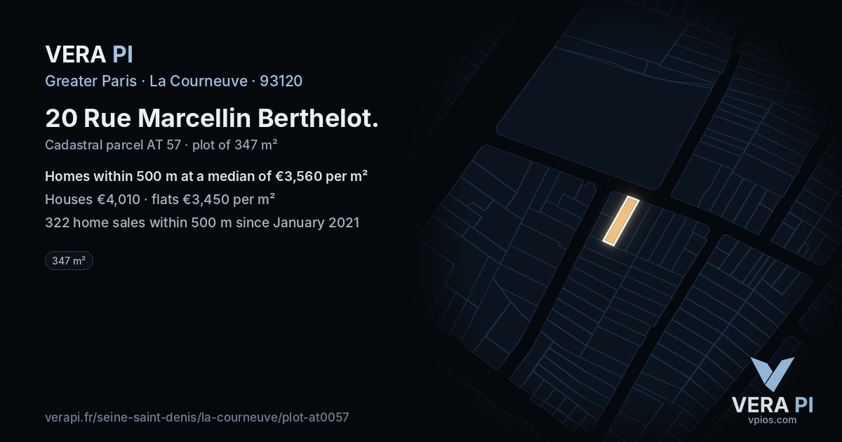 20 Rue Marcellin Berthelot, La Courneuve at night – the plot lit, the parcels around coloured by the prices near them
