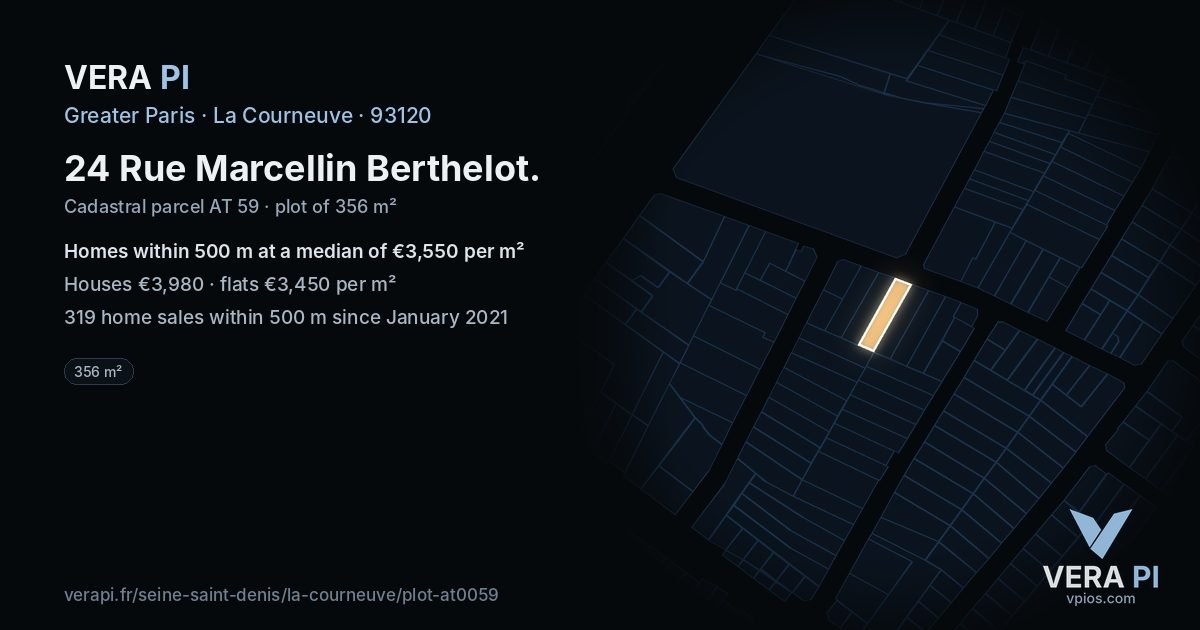 24 Rue Marcellin Berthelot, La Courneuve at night – the plot lit, the parcels around coloured by the prices near them
