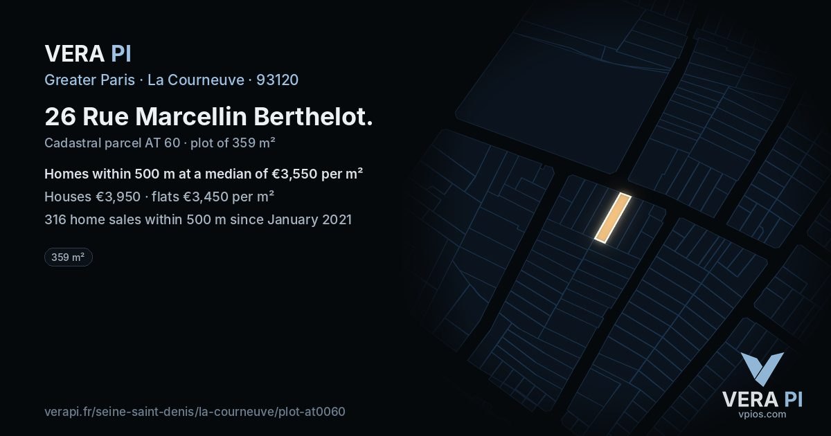 26 Rue Marcellin Berthelot, La Courneuve at night – the plot lit, the parcels around coloured by the prices near them