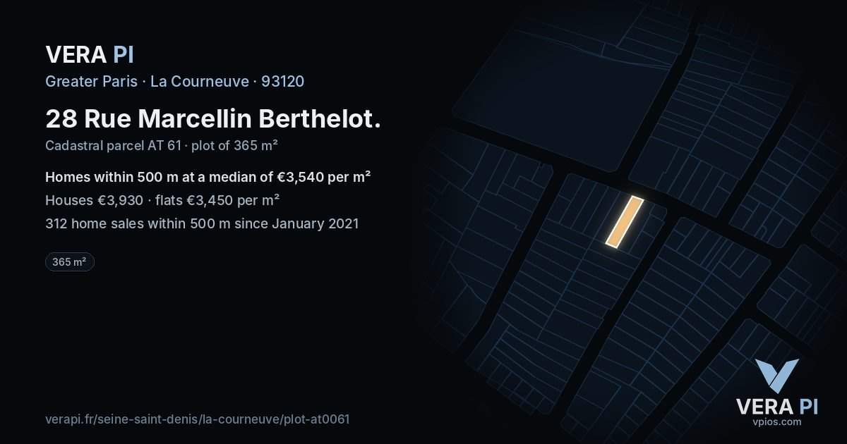 28 Rue Marcellin Berthelot, La Courneuve at night – the plot lit, the parcels around coloured by the prices near them