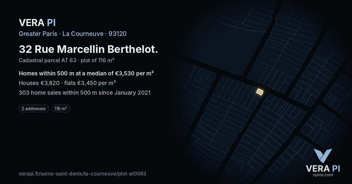 32 Rue Marcellin Berthelot, La Courneuve at night – the plot lit, the parcels around coloured by the prices near them