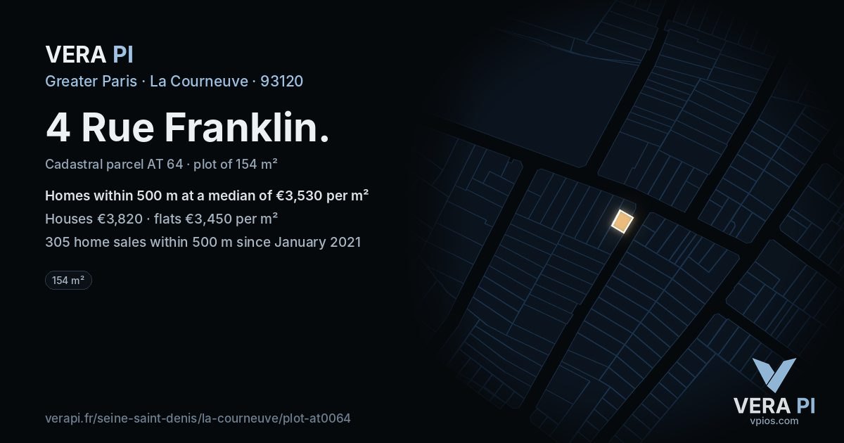 4 Rue Franklin, La Courneuve at night – the plot lit, the parcels around coloured by the prices near them