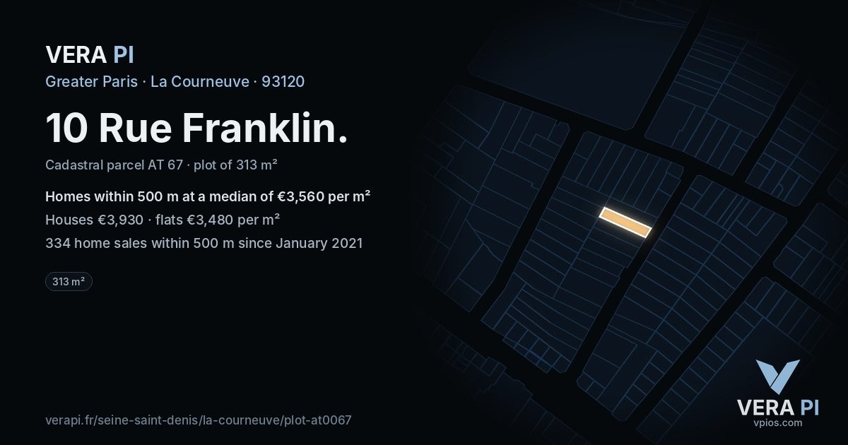 10 Rue Franklin, La Courneuve at night – the plot lit, the parcels around coloured by the prices near them