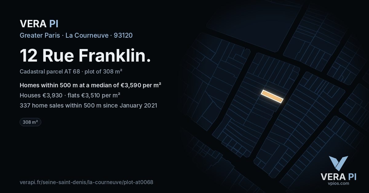 12 Rue Franklin, La Courneuve at night – the plot lit, the parcels around coloured by the prices near them