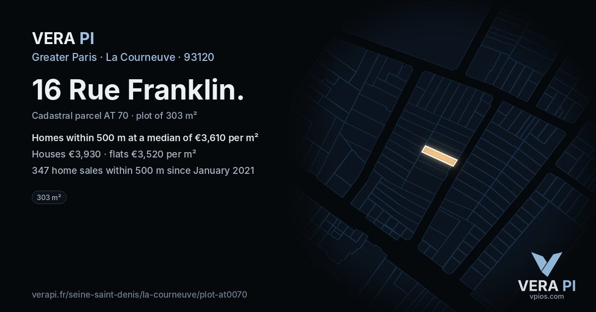 16 Rue Franklin, La Courneuve at night – the plot lit, the parcels around coloured by the prices near them