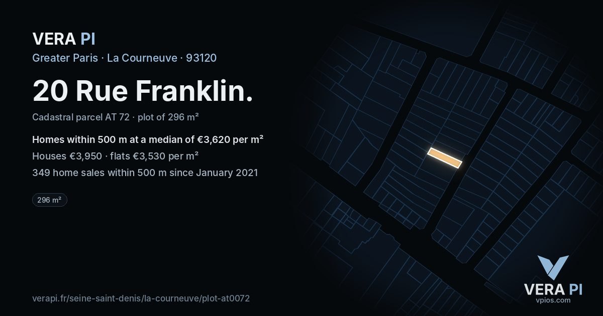 20 Rue Franklin, La Courneuve at night – the plot lit, the parcels around coloured by the prices near them