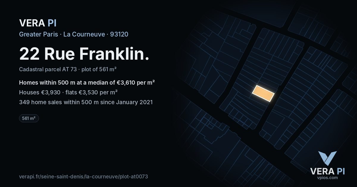 22 Rue Franklin, La Courneuve at night – the plot lit, the parcels around coloured by the prices near them