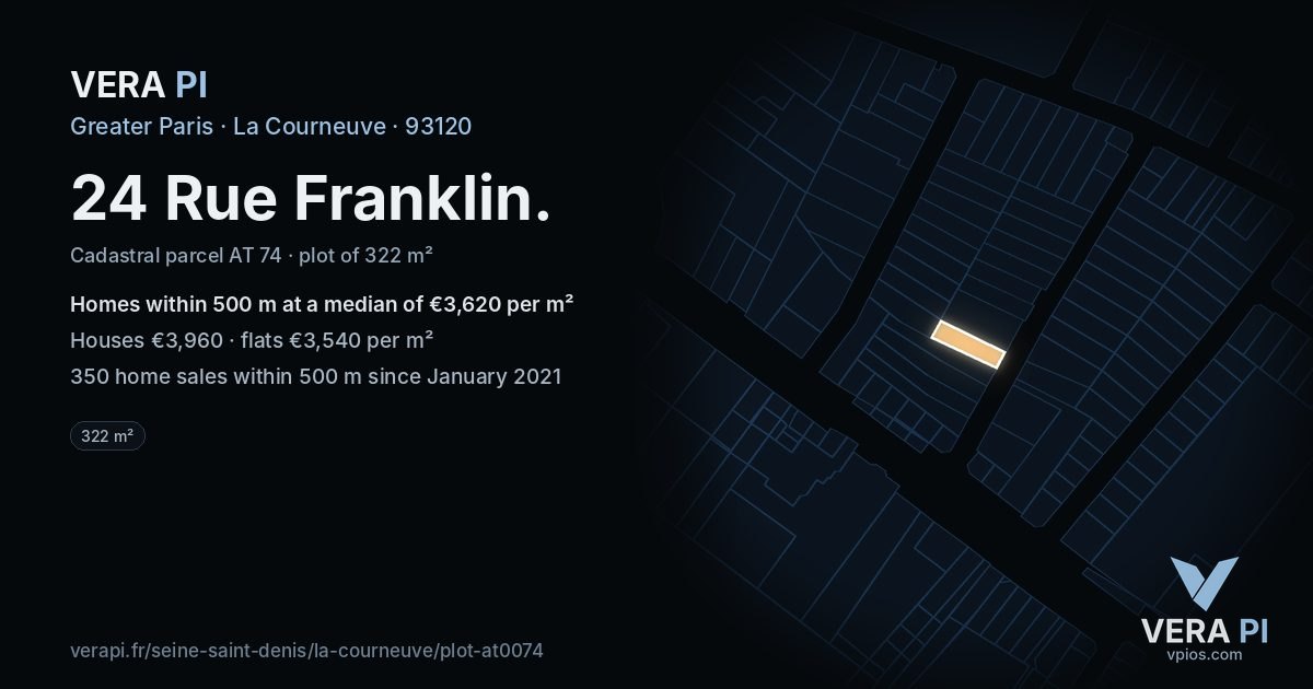 24 Rue Franklin, La Courneuve at night – the plot lit, the parcels around coloured by the prices near them
