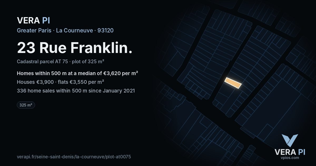 23 Rue Franklin, La Courneuve at night – the plot lit, the parcels around coloured by the prices near them