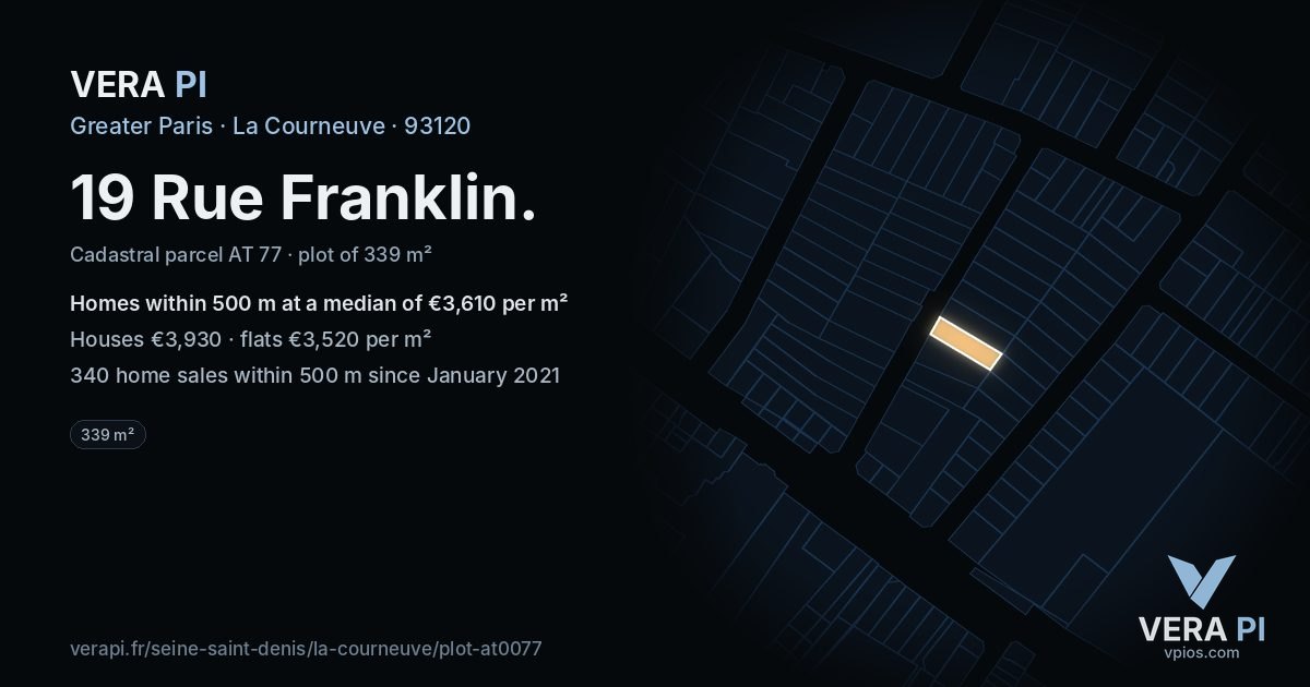 19 Rue Franklin, La Courneuve at night – the plot lit, the parcels around coloured by the prices near them