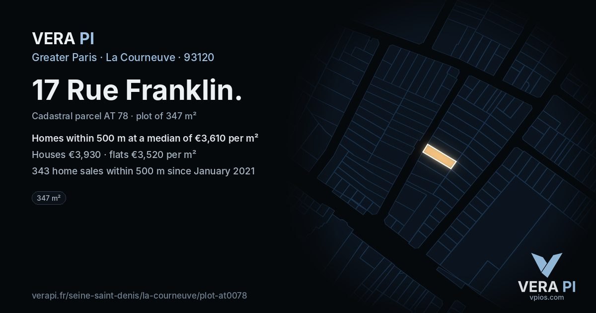 17 Rue Franklin, La Courneuve at night – the plot lit, the parcels around coloured by the prices near them