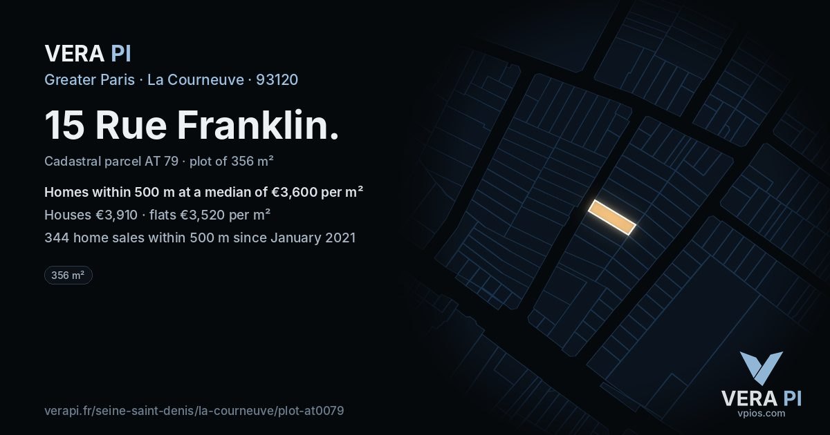 15 Rue Franklin, La Courneuve at night – the plot lit, the parcels around coloured by the prices near them