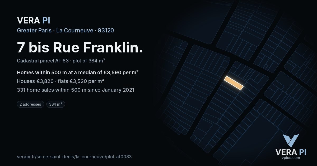 7 bis Rue Franklin, La Courneuve at night – the plot lit, the parcels around coloured by the prices near them