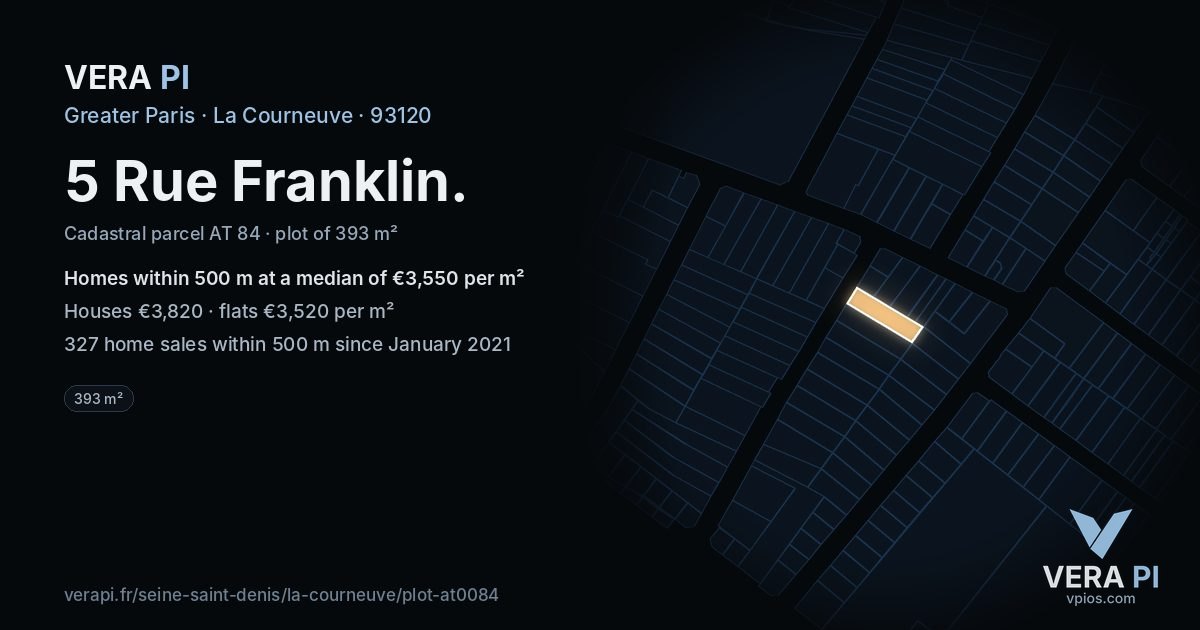 5 Rue Franklin, La Courneuve at night – the plot lit, the parcels around coloured by the prices near them