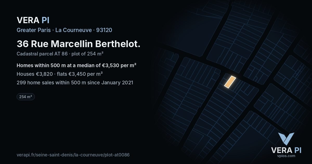 36 Rue Marcellin Berthelot, La Courneuve at night – the plot lit, the parcels around coloured by the prices near them