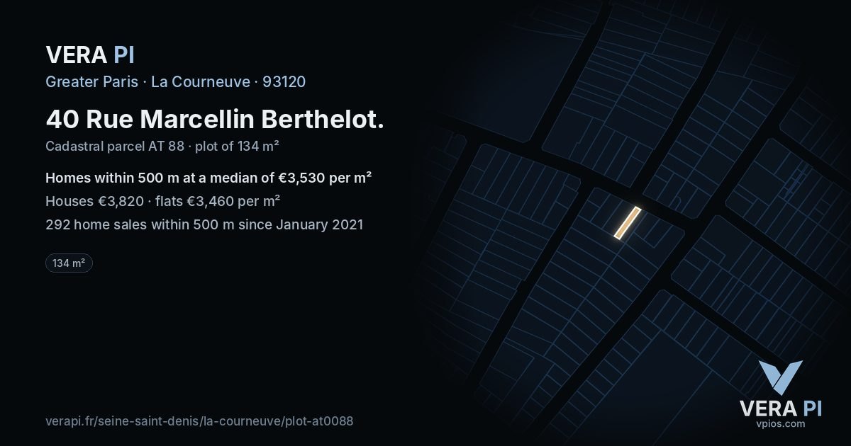 40 Rue Marcellin Berthelot, La Courneuve at night – the plot lit, the parcels around coloured by the prices near them