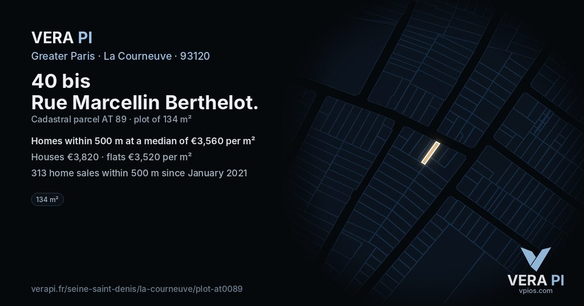 40 bis Rue Marcellin Berthelot, La Courneuve at night – the plot lit, the parcels around coloured by the prices near them