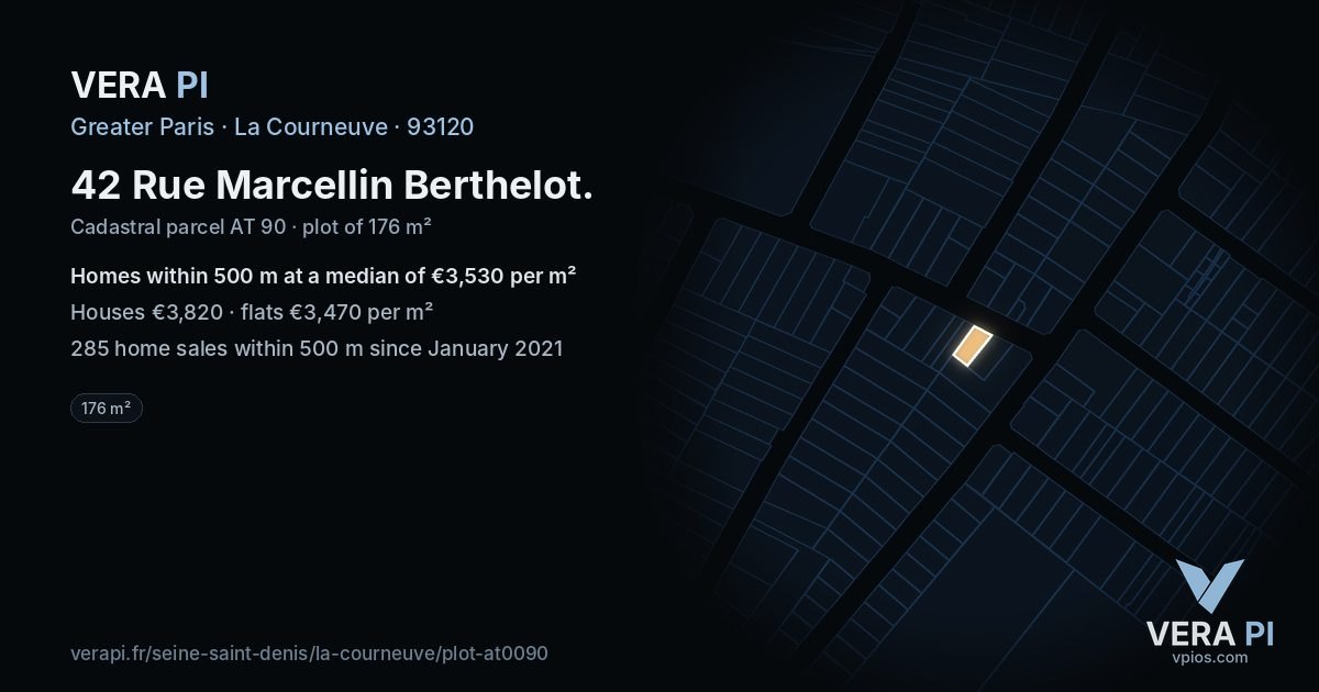 42 Rue Marcellin Berthelot, La Courneuve at night – the plot lit, the parcels around coloured by the prices near them