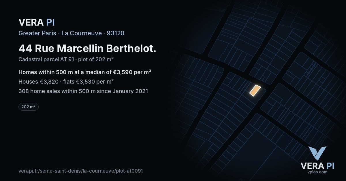 44 Rue Marcellin Berthelot, La Courneuve at night – the plot lit, the parcels around coloured by the prices near them