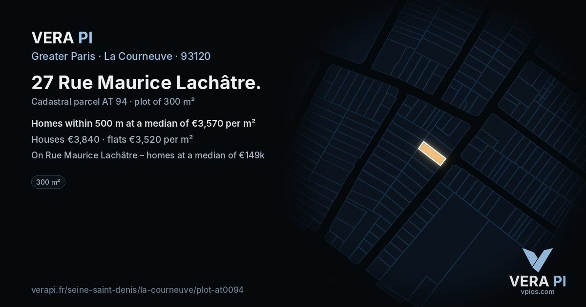 27 Rue Maurice Lachâtre, La Courneuve at night – the plot lit, the parcels around coloured by the prices near them