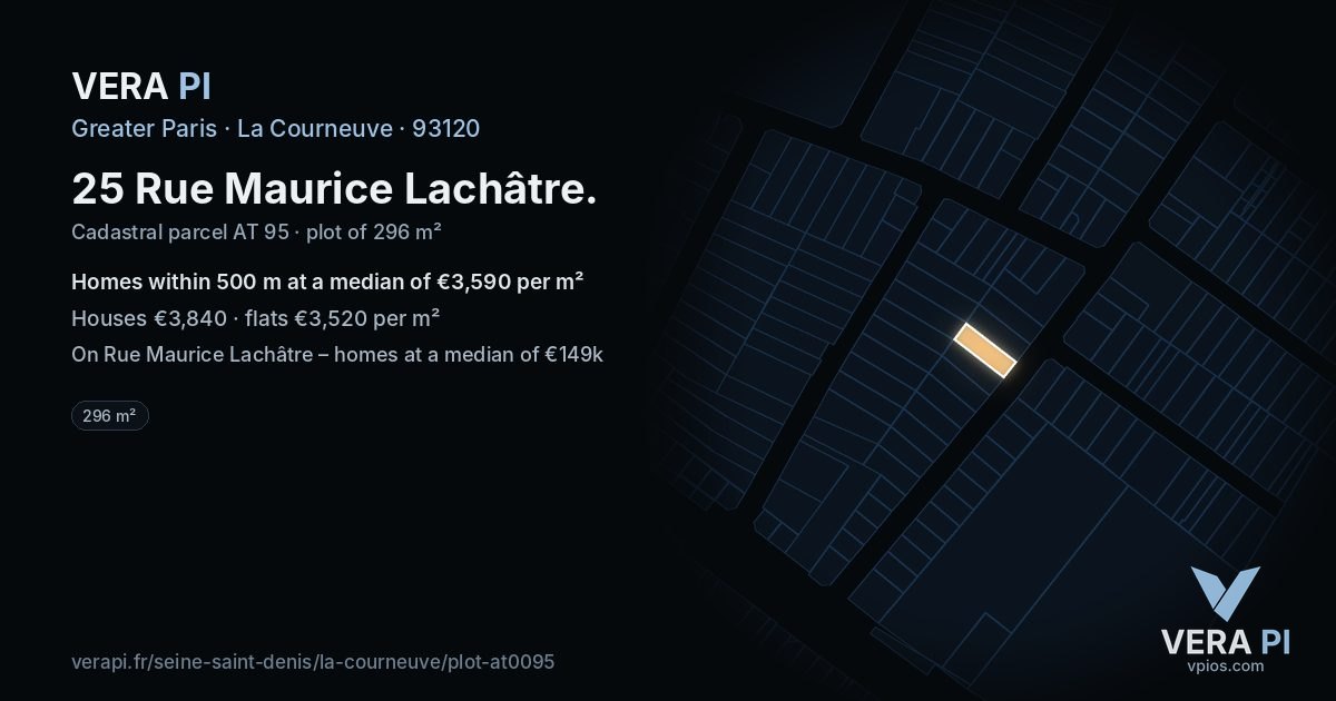 25 Rue Maurice Lachâtre, La Courneuve at night – the plot lit, the parcels around coloured by the prices near them