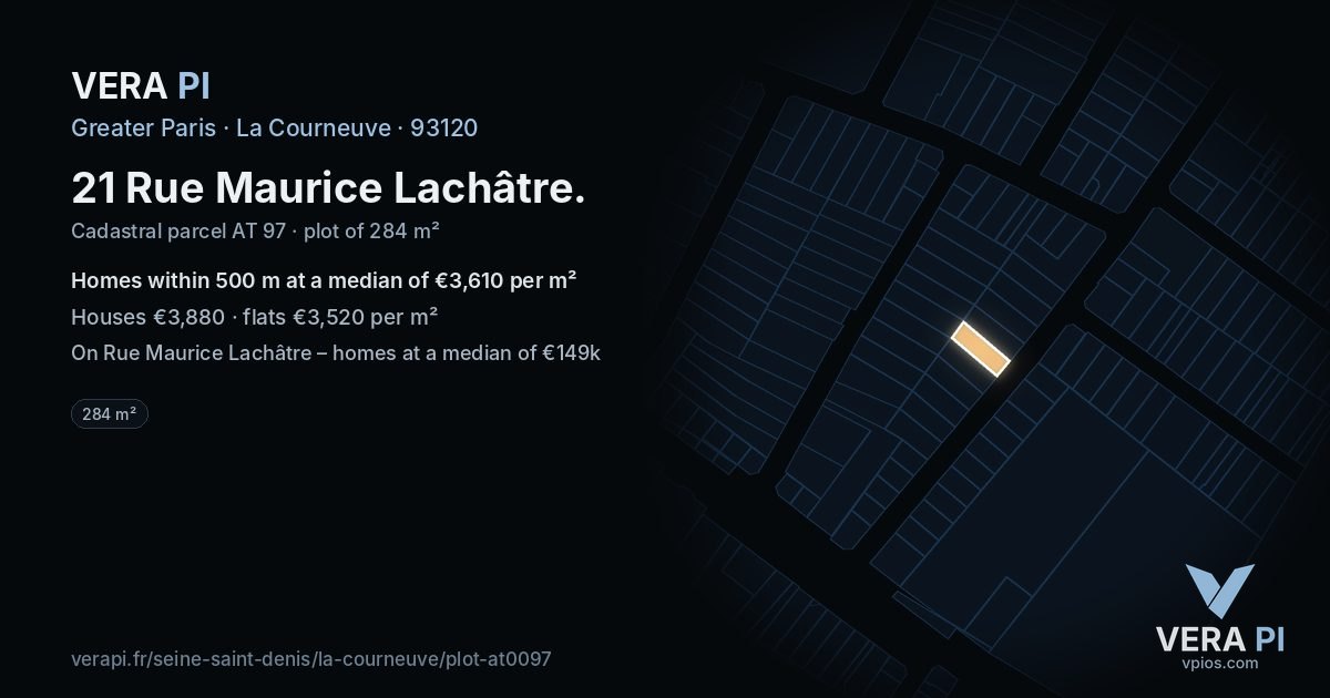 21 Rue Maurice Lachâtre, La Courneuve at night – the plot lit, the parcels around coloured by the prices near them