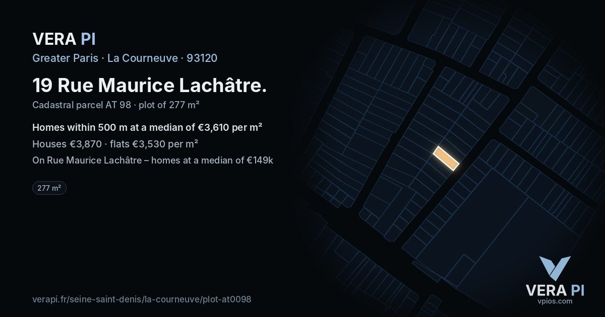 19 Rue Maurice Lachâtre, La Courneuve at night – the plot lit, the parcels around coloured by the prices near them