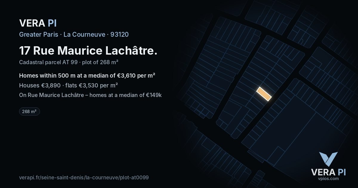 17 Rue Maurice Lachâtre, La Courneuve at night – the plot lit, the parcels around coloured by the prices near them