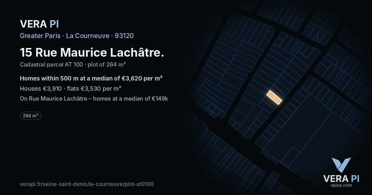 15 Rue Maurice Lachâtre, La Courneuve at night – the plot lit, the parcels around coloured by the prices near them