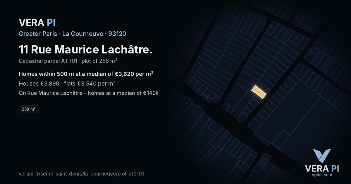 11 Rue Maurice Lachâtre, La Courneuve at night – the plot lit, the parcels around coloured by the prices near them