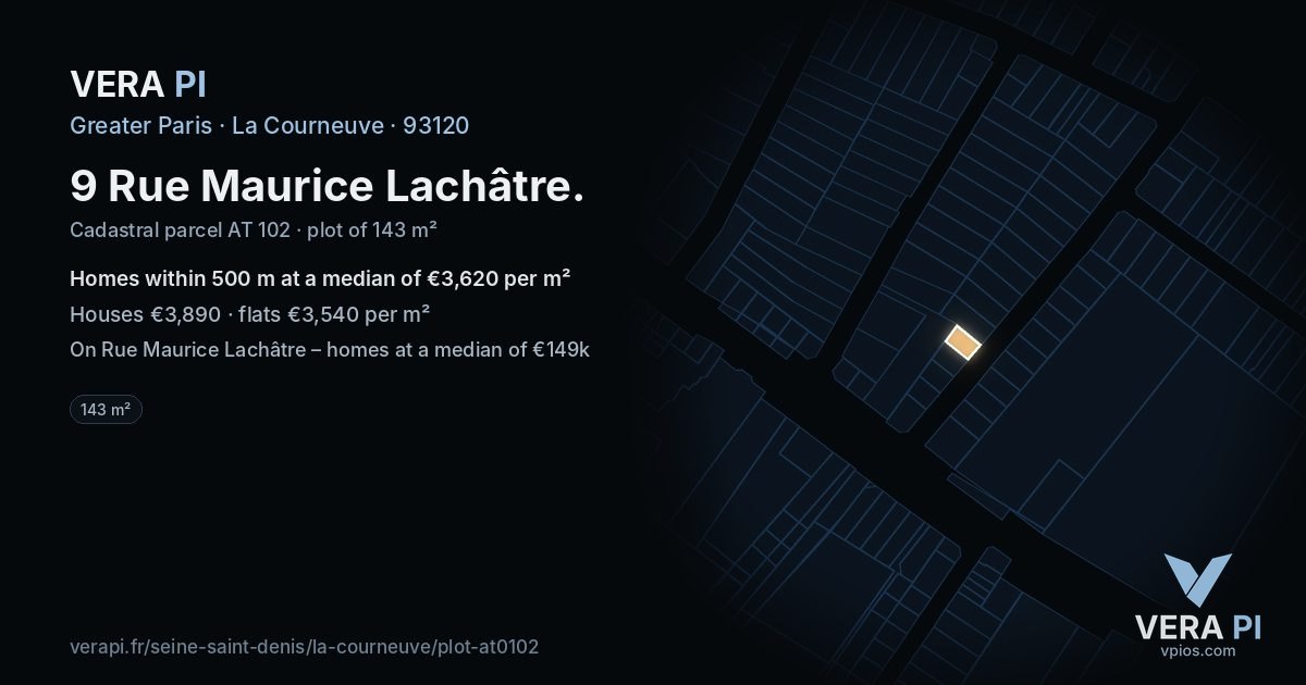 9 Rue Maurice Lachâtre, La Courneuve at night – the plot lit, the parcels around coloured by the prices near them