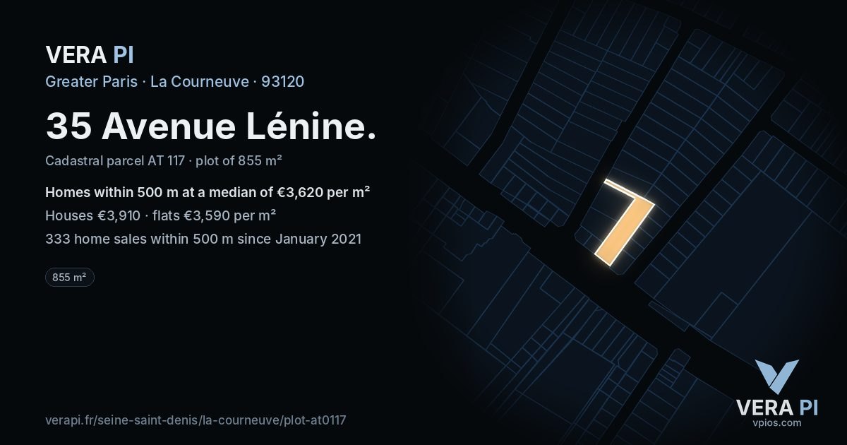 35 Avenue Lénine, La Courneuve at night – the plot lit, the parcels around coloured by the prices near them