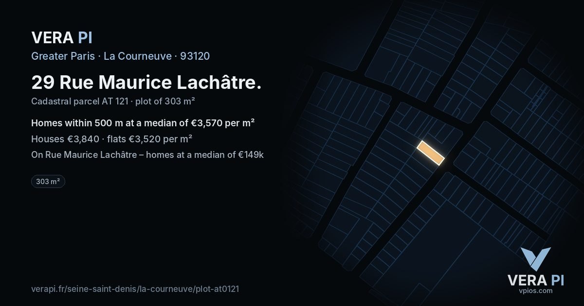 29 Rue Maurice Lachâtre, La Courneuve at night – the plot lit, the parcels around coloured by the prices near them